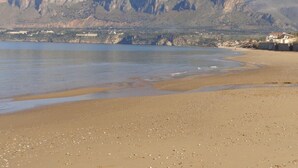 Una playa con vistas despejadas a las montañas al fondo.