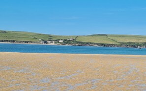A beach with a sandy shore and a view of green hills in the background.