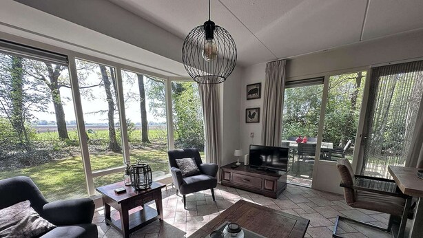 Un amplio salón con ventanas grandes, chimenea y televisión.