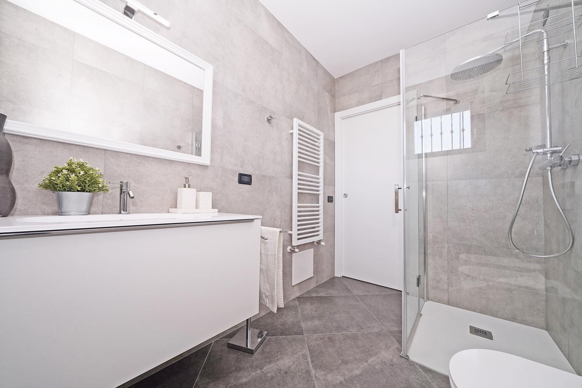A modern bathroom with a glass shower enclosure, a white sink with a mirror, and a potted plant.