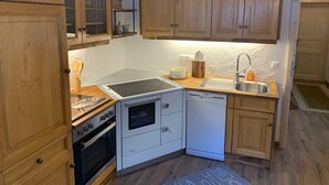 A compact kitchen with wooden cabinets, a built-in oven, a dishwasher, and a stainless steel sink. - Alpine Holiday Home in Lungau (Vordermuhr)