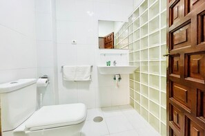 A bathroom with a toilet, sink, mirror, and a wooden door.