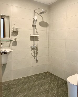 Hair dryer, towels, soap, shampoo