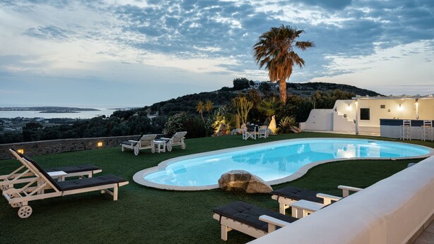 A pool area with lounge chairs, a palm tree, and a view of the sea. - Villa Phos Paros (Paros)