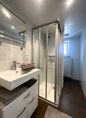 Shower, hair dryer, towels, soap