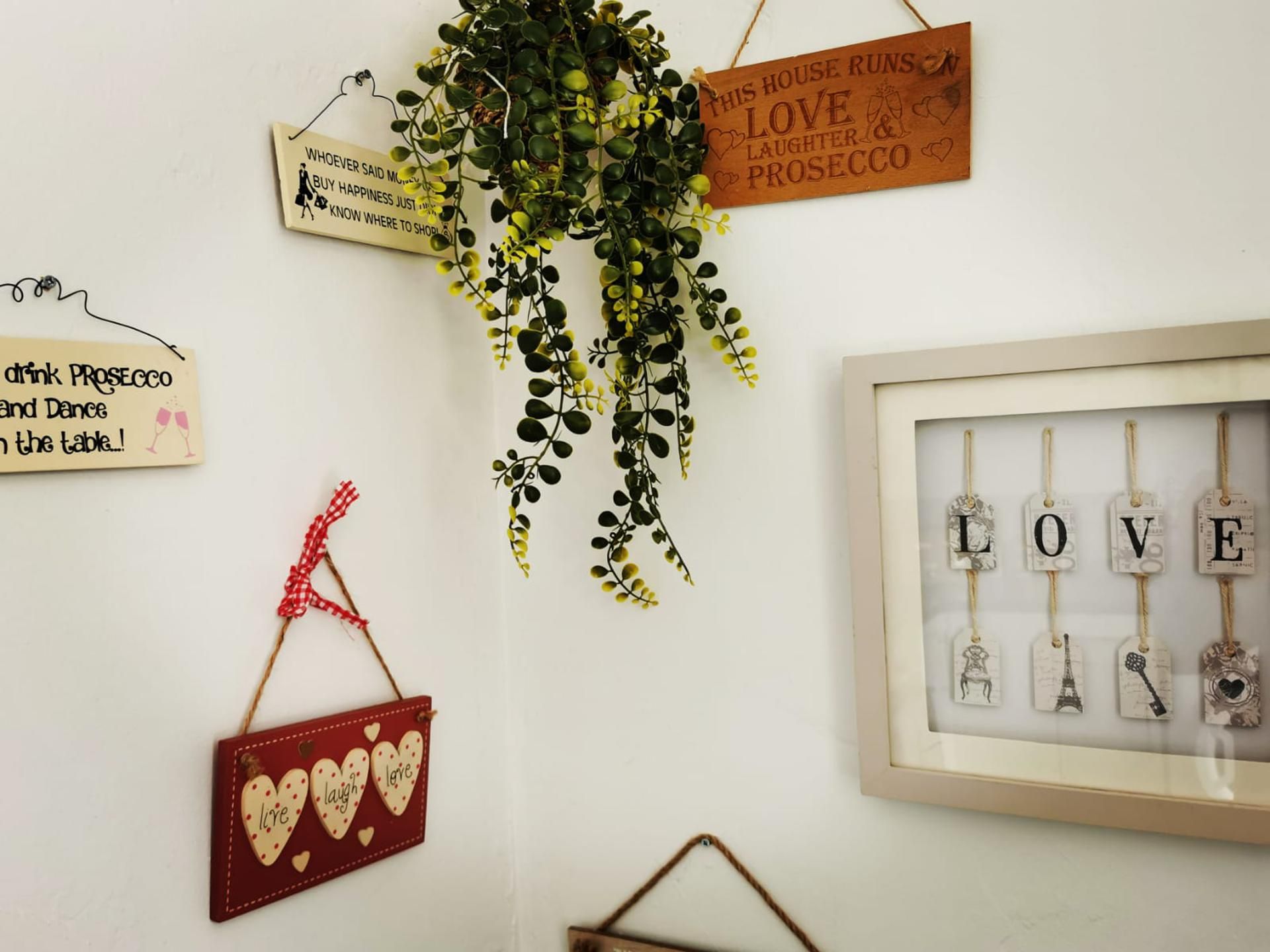 Una pared con varias decoraciones, incluyendo un letrero que dice 'THIS HOUSE RUNS ON LOVE & Laughter & Prosecco', una foto enmarcada con la palabra 'LOVE' y otros adornos, además de una planta colgante con hojas en forma de corazón.