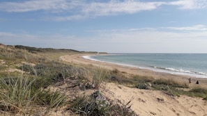 Paisatge costaner amb una platja de sorra, dunes herboses i cel serè.
