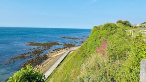 Une route côtière offrant une vue dégagée sur la mer et une colline verdoyante.