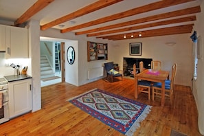 Een ruime kamer met houten vloeren, een eettafel, stoelen, een open haard, een boekenkast en een keukenhoek.