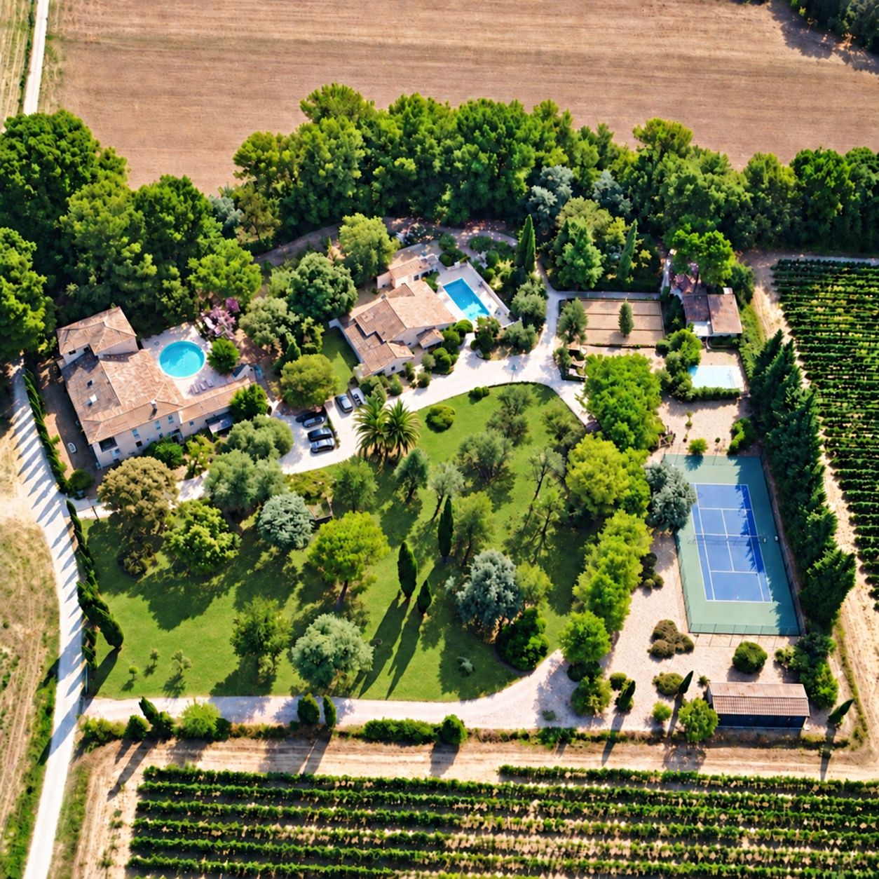 An aerial view of a property with a swimming pool, tennis court, and vineyard.