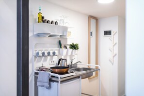 Minikøleskab, elkedel, køkkentøj/tallerkener/redskaber