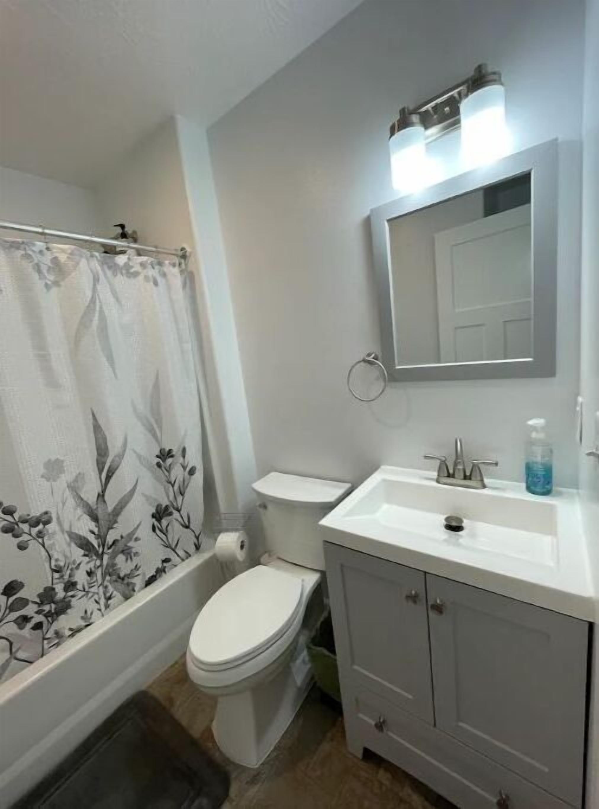 Un baño con cortina de ducha, inodoro, lavabo y armario.