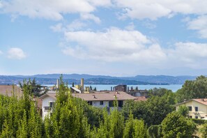 A residential area with houses, trees, and a lake in the background.