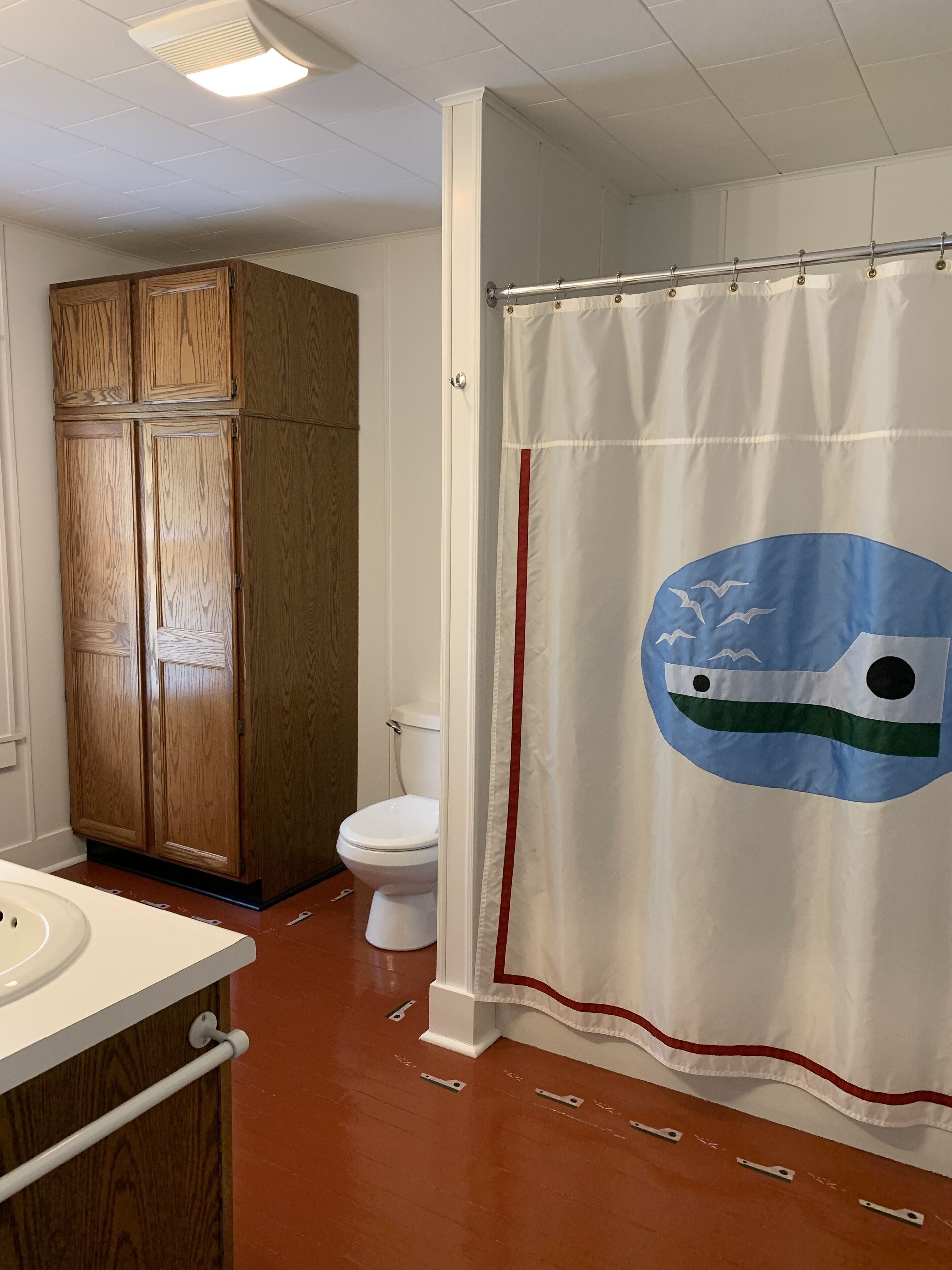 Une salle de bain avec un placard en bois, des toilettes blanches et un rideau de douche aux motifs bleus et verts.