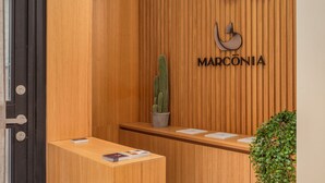 Un mostrador de recepción con un panel de pared de madera, una planta de cactus y una lámpara colgante.