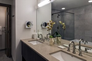 Hair dryer, towels, soap, shampoo