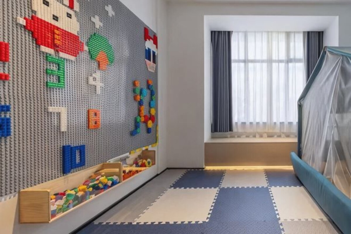 A room with a LEGO wall, a window with curtains, and a bed with a canopy.