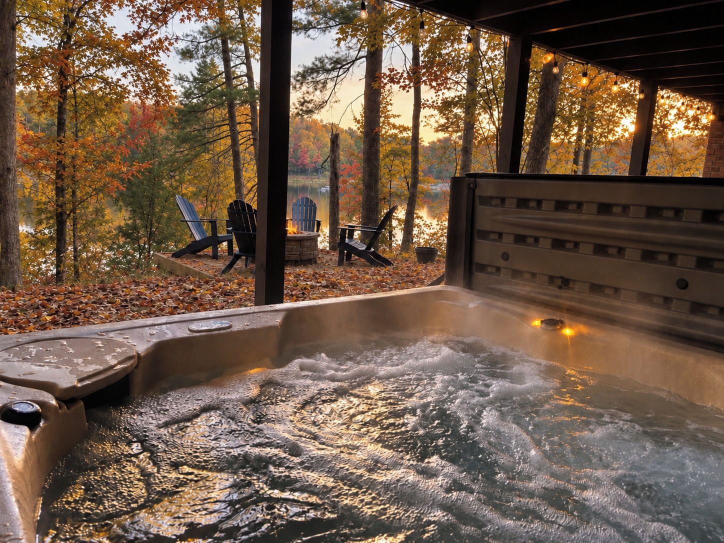 A hot tub with a view of a forest and chairs.