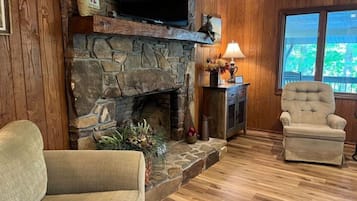 Smart TV, fireplace, books