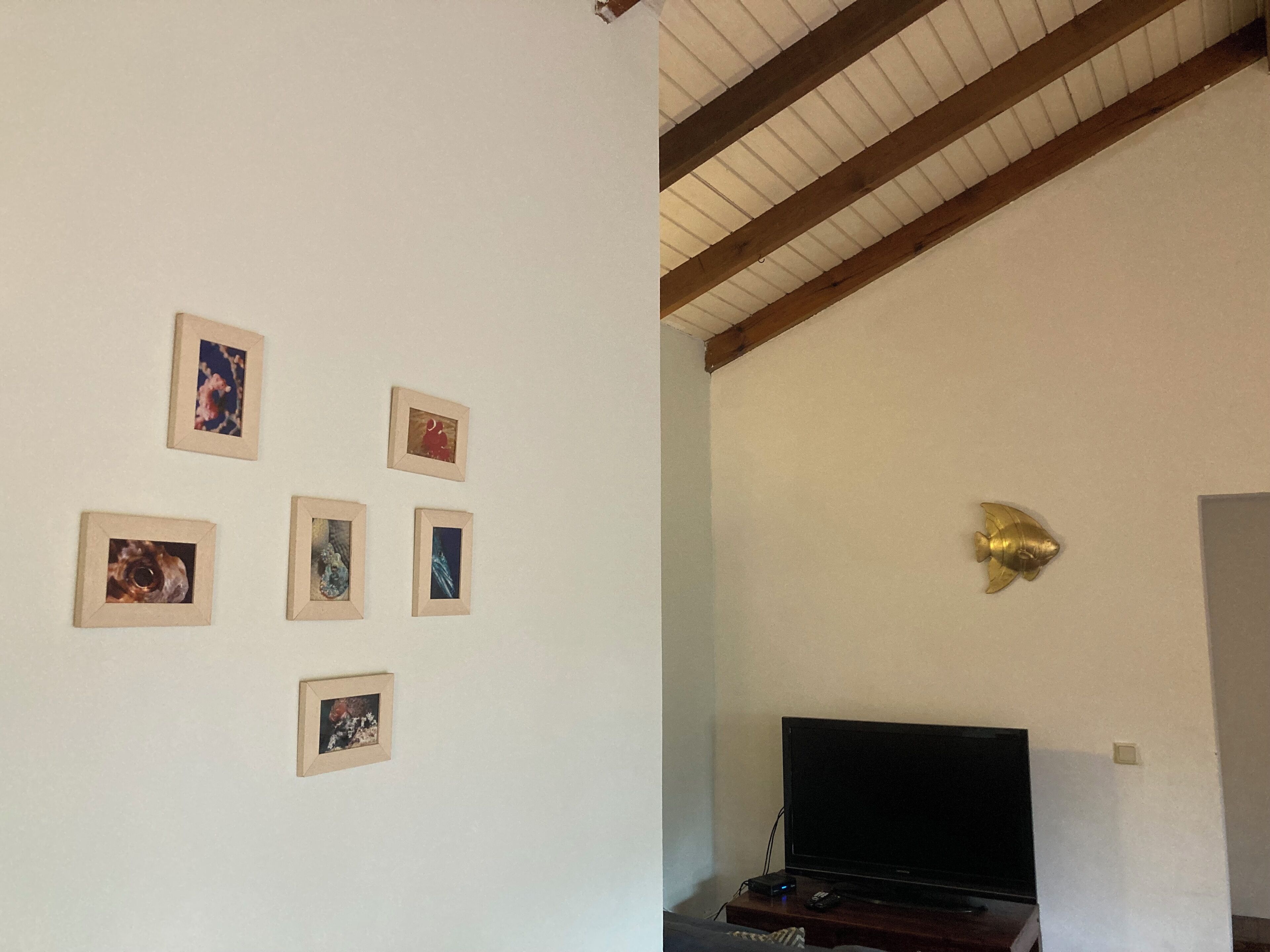 A room with a white wall adorned with six framed pictures, a flat-screen TV on a wooden stand, and a gold fish-shaped wall decoration.
