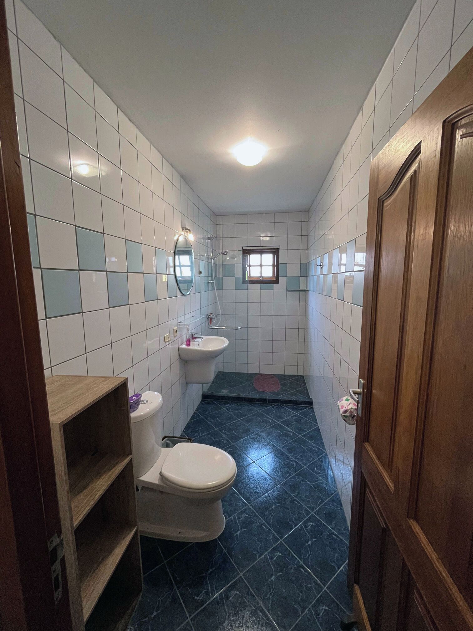 A bathroom with white and blue tiles, a wooden door, a toilet, a bidet, and a small window.