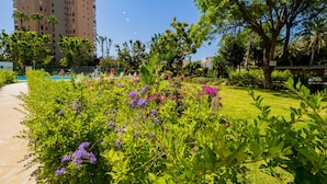 Un giardino curato con piscina, palme e un edificio alto sullo sfondo.