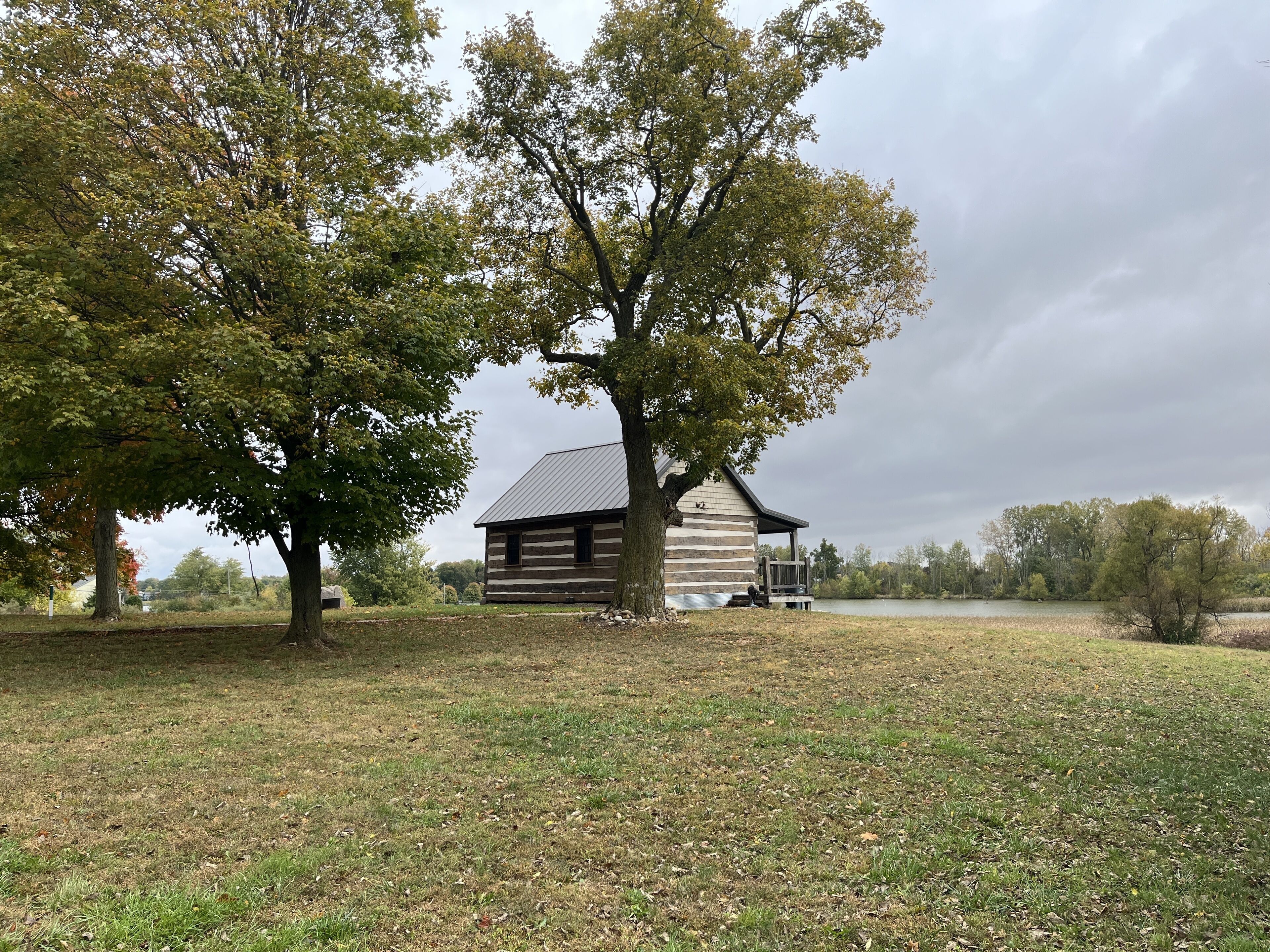A rustic log cabin with a metal roof, surrounded by a grassy field and large trees.