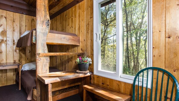 A rustic cabin interior with a bunk bed, a wooden desk, a chair, and a window overlooking a forest. - Dove Cottage at Secluded Cabins (Lakeville)