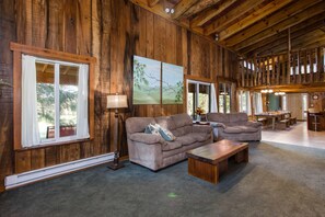 TV, fireplace, books