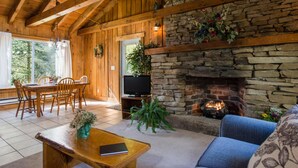 Una sala de estar acogedora con chimenea de piedra, muebles de madera y un televisor.