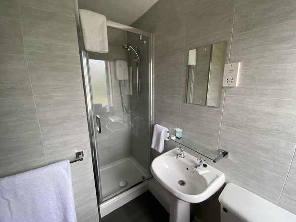 Un baño moderno con ducha envuelta en vidrio, un lavabo blanco y un inodoro.