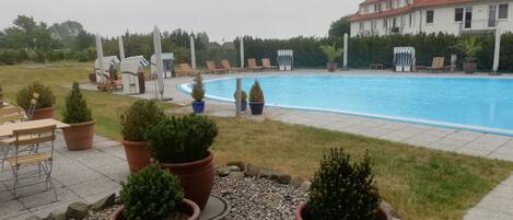Une piscine entourée de chaises longues et de plantes en pot.