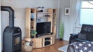 Un soggiorno con TV, mobile TV in legno, divano nero e stufa a legna in metallo nero.