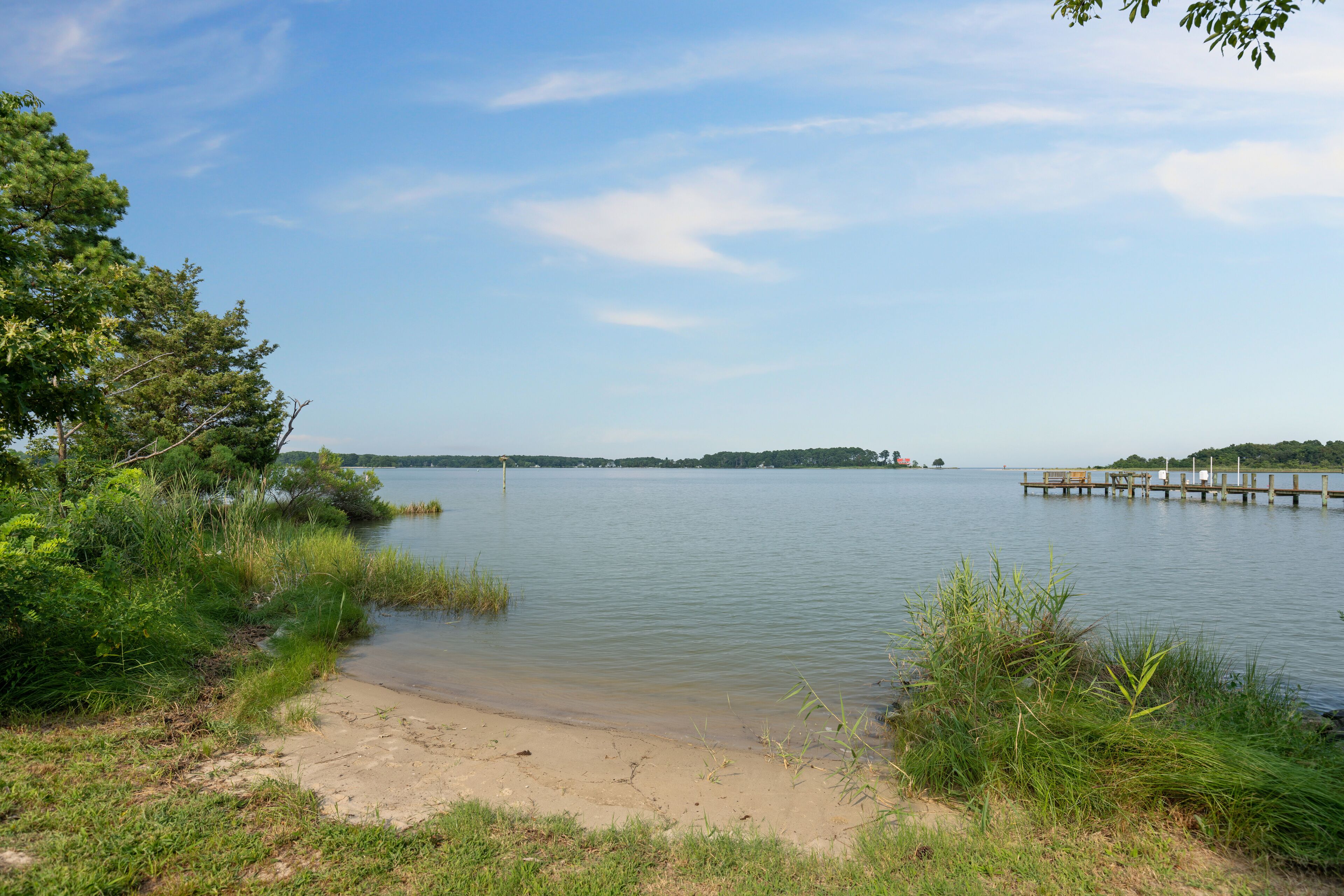 En stilla sjö med en sandstrand, omgiven av grönska och en träbrygga som sträcker sig ut i vattnet.