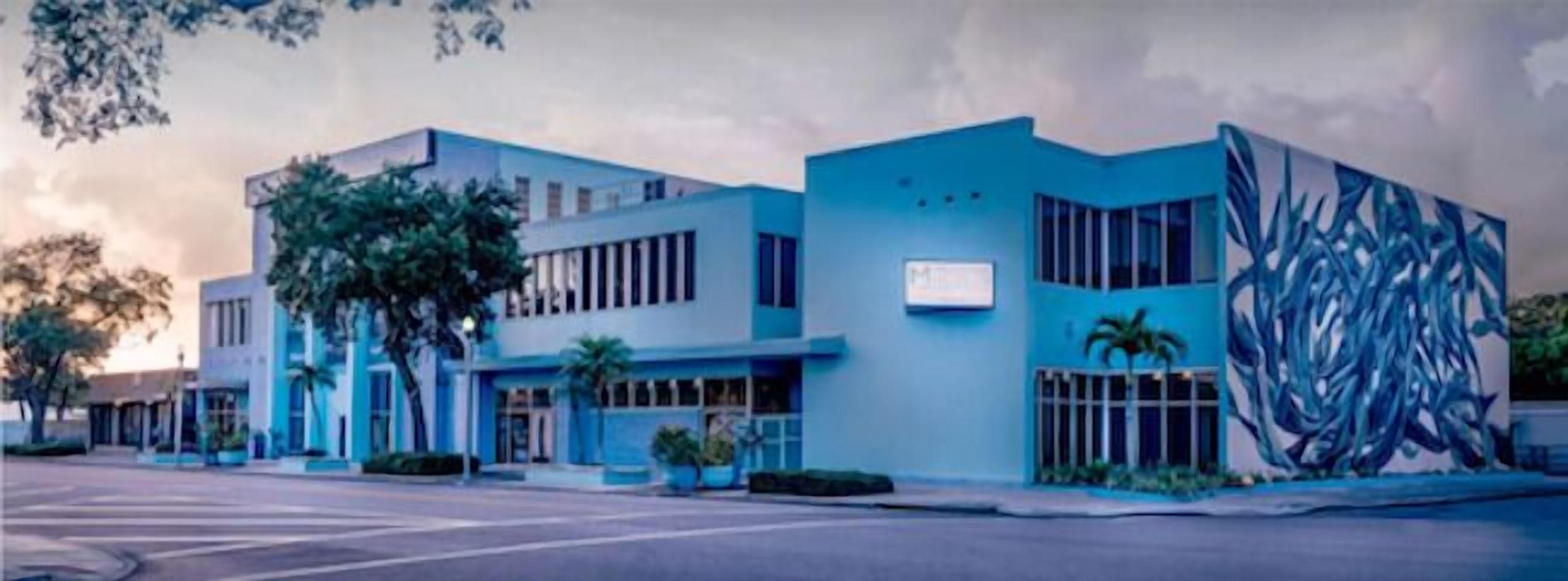 A modern building with a blue facade, large windows, and a distinctive abstract mural on the side.