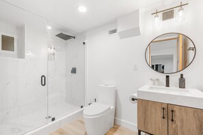 Hair dryer, towels, soap, toilet paper