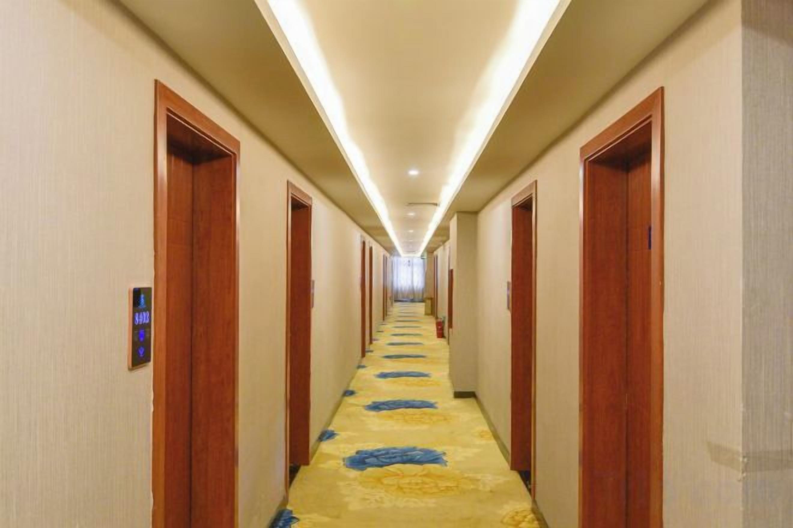 A hotel hallway with doors on both sides, a carpeted floor, and a ceiling light fixture.