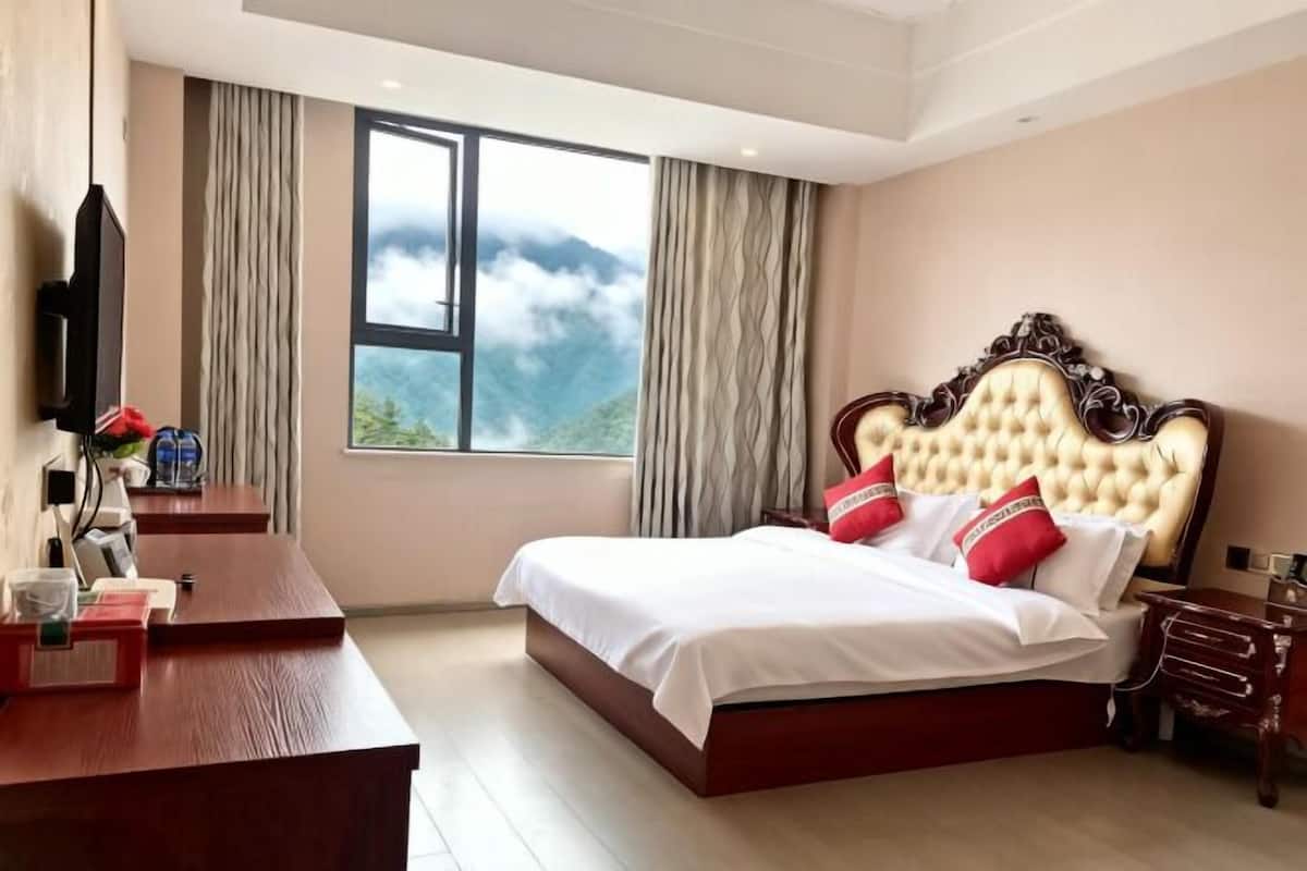 A hotel room with a large bed, a desk, and a TV.