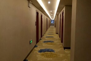 Un corridoio d'albergo con porte su entrambi i lati, tappezzato con un motivo floreale, e un lampadario lungo il soffitto.