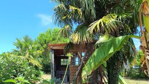 Una cabana de fusta envoltada de vegetació exuberant i una estàtua d'un flamenc rosa.