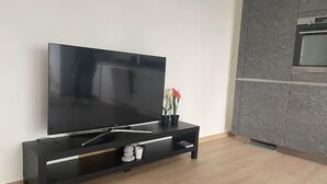 Una sala moderna con un televisor de pantalla plana sobre un mueble negro, una planta pequeña en maceta y una zona de cocina con armarios grises y un microondas.
