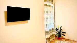 Une pièce dotée d’un téléviseur à écran plat fixé au mur, d’un rideau de douche à motifs, d’une plante en pot et d’un sol carrelé.