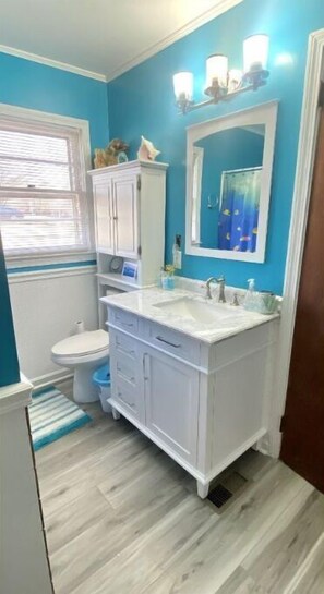 Hair dryer, towels, soap, shampoo