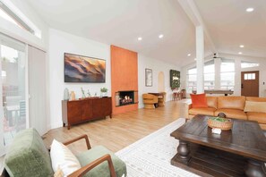 Smart TV, fireplace, books