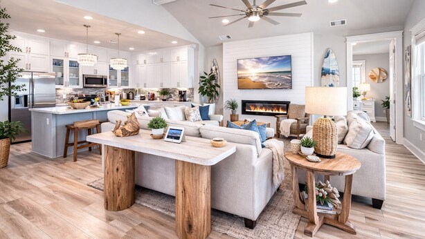 A modern kitchen with white cabinets, a central island, and a dining area with a wooden table. - Beach View 4BR Retreat | Soccer Field | Putt-Putt | Pet Friendly (Galveston)