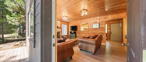 Smart TV, fireplace, DVD player, books