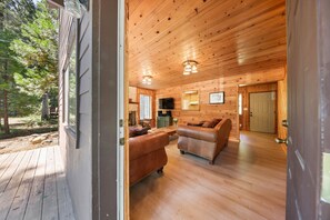 Smart TV, caminetto, lettore DVD, libri