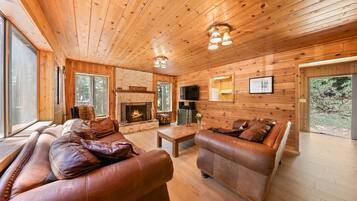 Smart TV, fireplace, DVD player, books