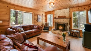 A cozy cabin interior with a leather sofa, a fireplace, and a stone wall. - The Wildwood Cabin - Tahoe National Forest (Emigrant Gap)