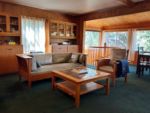 Smart TV, fireplace, books, stereo